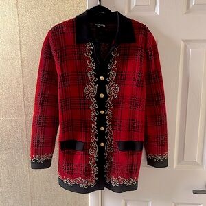 Escada chenille red plaid lurex horses cardigan coat L